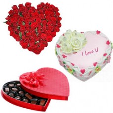 Vibrant 24 Red Roses with 1/2 Kg Heart Shaped Cake and Heart Shaped Chocolate Box